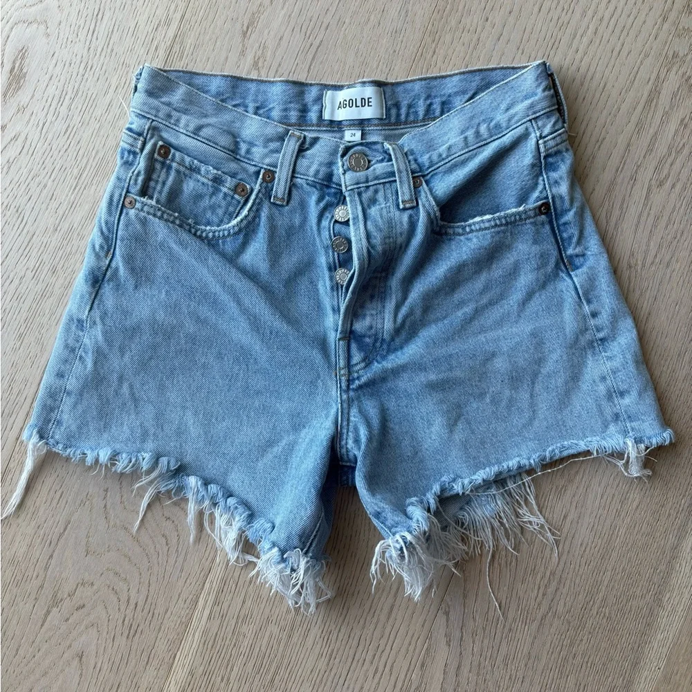AGOLDE Parker Long High-Rise Frayed Hem Denim Shorts